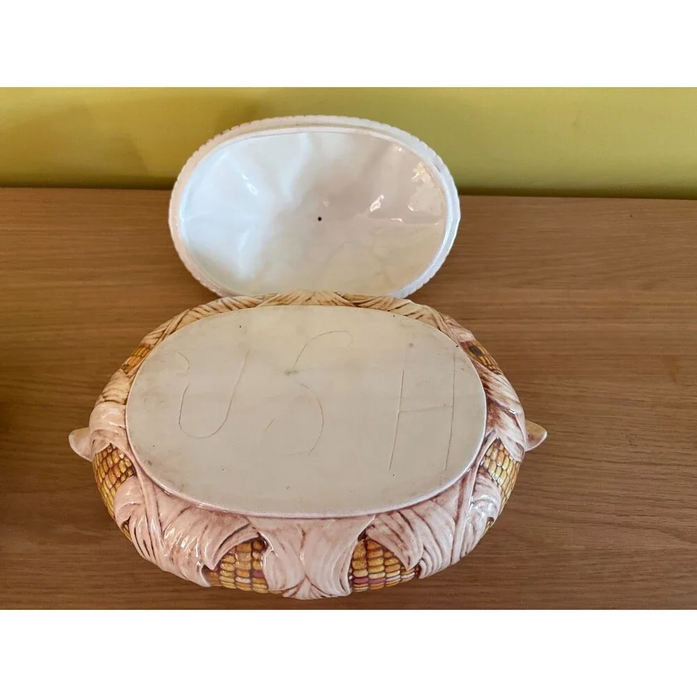 Vintage Ceramic Corn Shaped Covered Casserole Dish Tureen  Mid Century